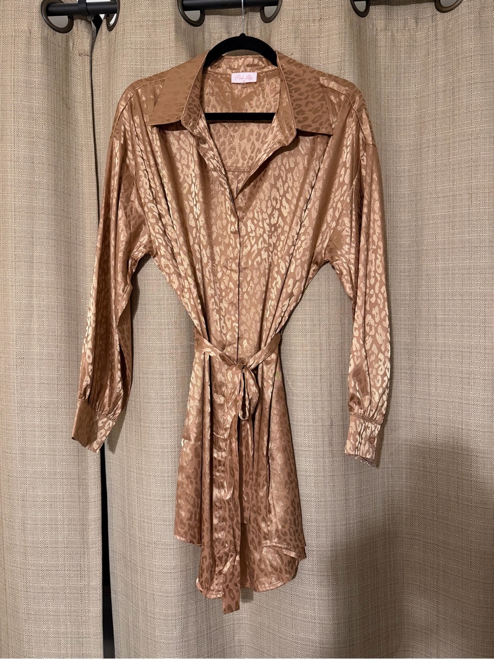 Pink Lily Satin Leopard-Print Trench Shirt Dress
